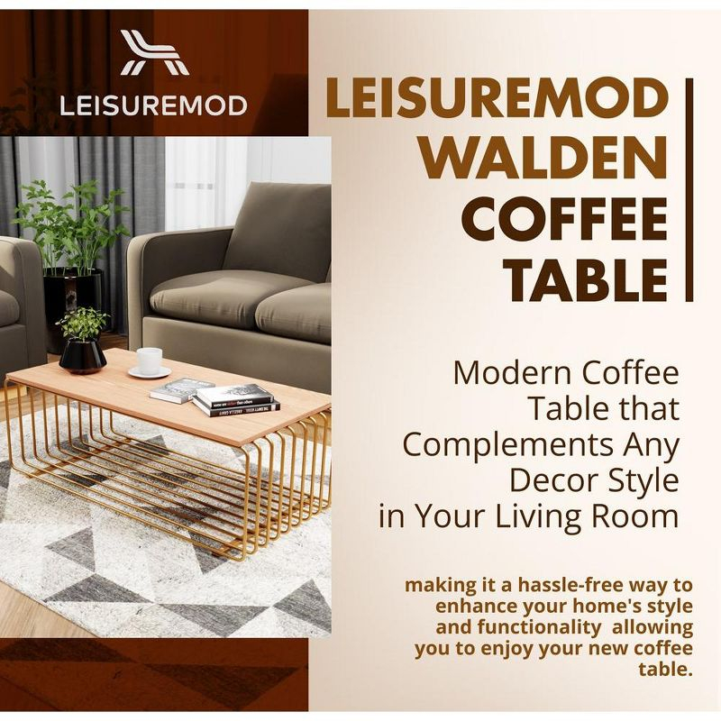 LeisureMod Walden Rectangular Coffee Table Powder Coated Gold Steel Frame