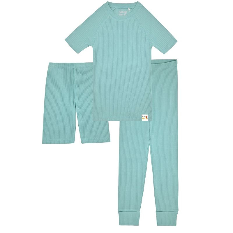 Sleep On It 100% Organic Cotton Rib Knit Snug-Fit 6-Piece Pajama Sets for Boys & Girls, Green & Light Blue Size 5