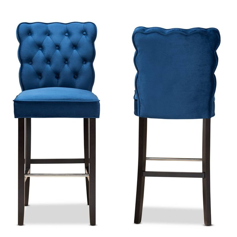 2pc Daphne Velvet Fabric Upholstered and Wood Counter Height Barstool Set Blue/Brown - Baxton Studio: Elegant Polyester Seating
