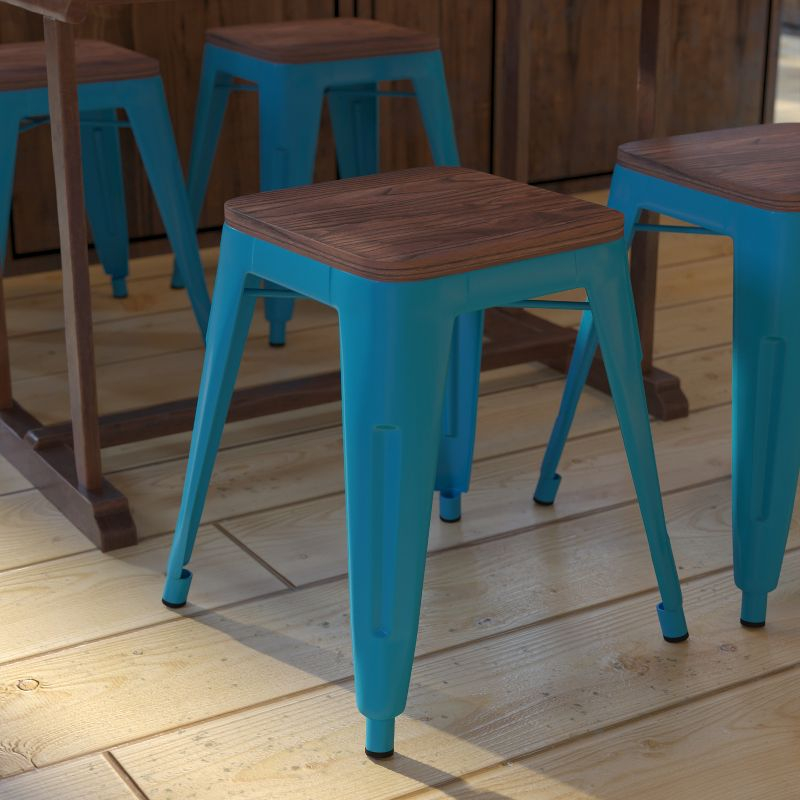 Flash Furniture 18" Backless Table Height Stool with Wooden Seat, Stackable Teal Metal Indoor Dining Stool, Commercial Grade - Set of 4