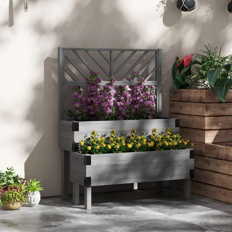 Outsunny 2 Tier Trellis Planter, Wooden Vegetable Garden Bed with Metal Corners for Vegetables, Flowers, Herbs, Gray