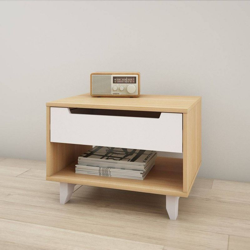 Open Shelf 1 Drawer Nightstand White/Natural Maple - Nexera: Mid-Century Modern Bedside Table, Wood Composite