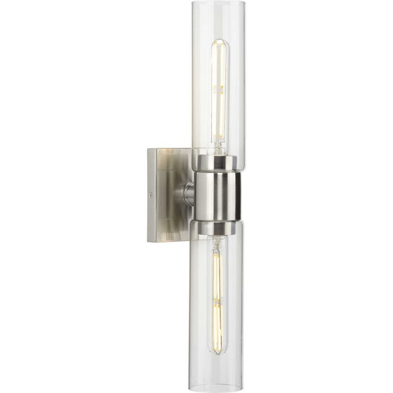 Progress Lighting Clarion 2-Light Brushed Nickel Glass Modern Bath Vanity Light, Satin Brass, Cylindrical Shade