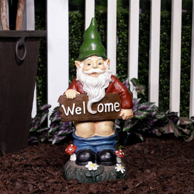 22"H Ceramic Outdoor Sculpture - Alpine Corporation: Garden Gnome with Welcome Sign, Mythical Decor