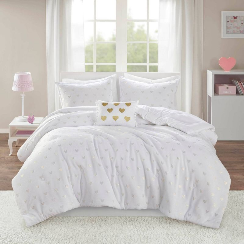 Mi Zone Full/Queen Audrey Metallic Print Plush Microfiber Soft Comforter Set with Throw Pillow White: Hypoallergenic, Transitional Style