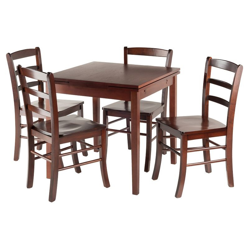 5pc Pulman Dining Set with Ladder Back Chairs Wood/Walnut - Winsome: Mid-Century Modern, Square Table, 4 Stools