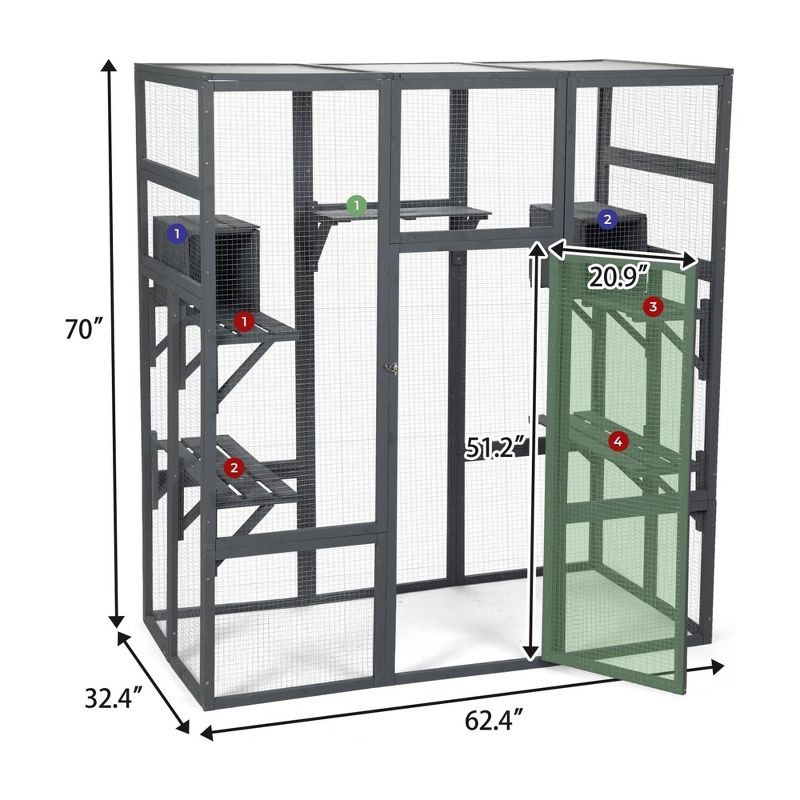 COZIWOW Large Catio Outdoor Cat Enclosure, 70" Spacious Cat House with Perches and Condos with Waterproof Roof, 7 Platforms, and 2 Resting Box, Grey