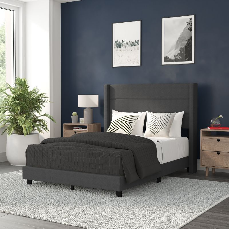 Flash Furniture Full Size Upholstered Platform Bed with Wingback Headboard-Charcoal Faux Linen