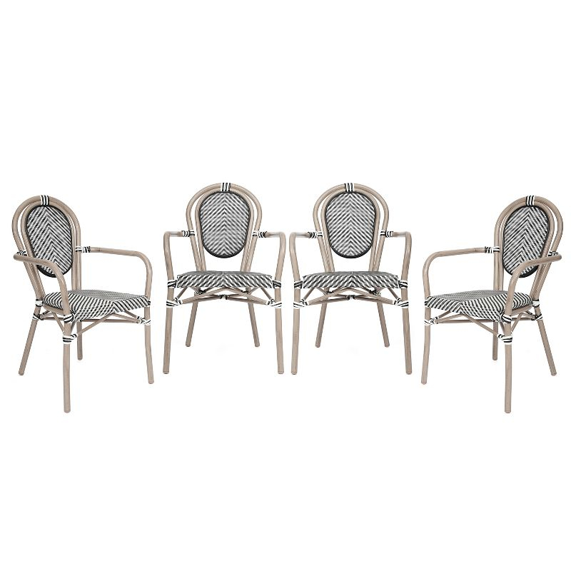Merrick Lane Mael Set of Four Stacking Thonet Bistro Style Chair with Arms, Black & White Textilene Seat, & Bamboo Metal Frame for Indoor/Outdoor Use