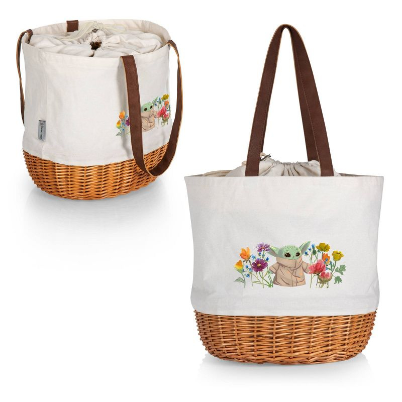 Picnic Time Mandalorian The Child with Flowers Coronado Canvas and Willow Basket Tote with Beige Canvas: Wicker Picnic Set
