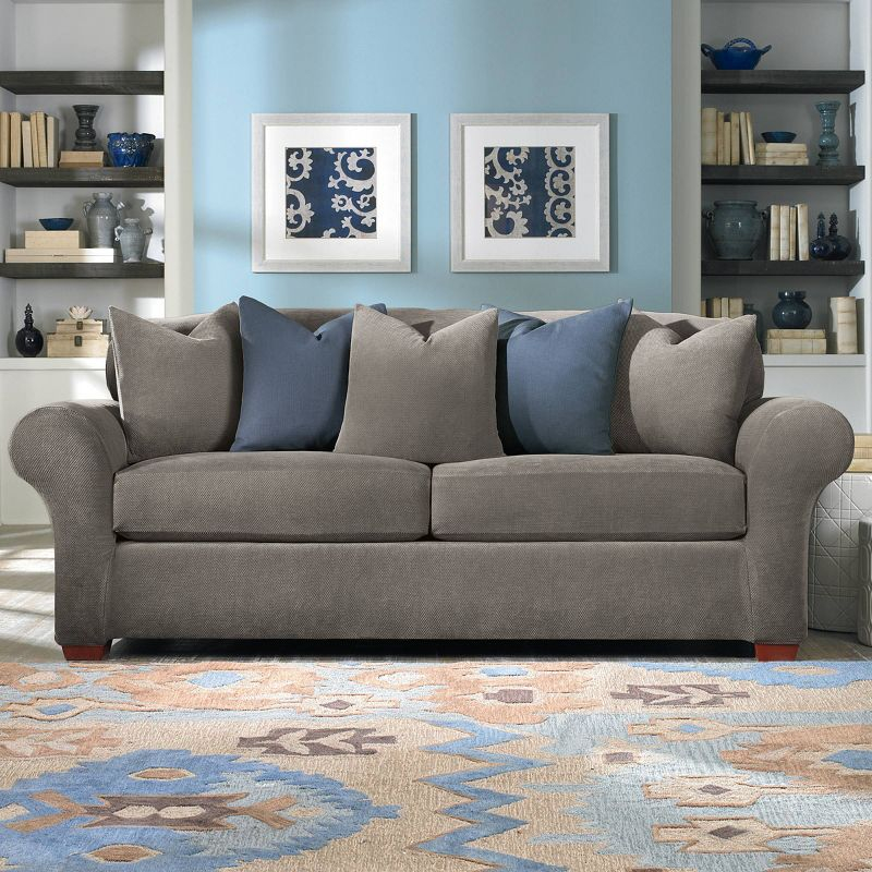 3pc Stretch Pique Sofa Slipcovers Flannel Gray - Sure Fit: Furniture Protector, Indoor Elastic Fit