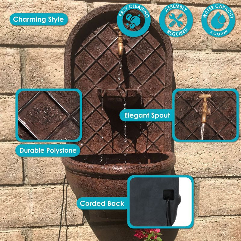 Sunnydaze 26" H Solar-Powered with Battery Pack Polystone Messina Outdoor Wall-Mount Water Fountain, Bronze Finish