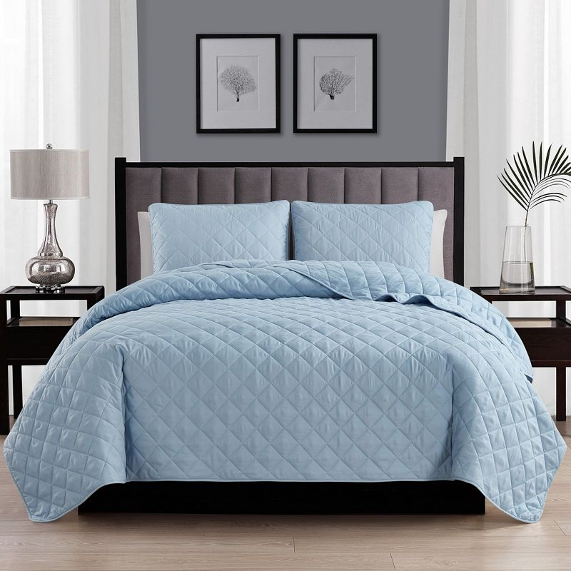 Swift Home | Essential Diamond Stitched 3-Piece Quilt Set Light Blue King/Cal King