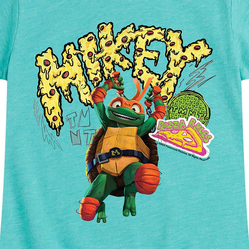 Girls' Teenage Mutant Ninja Turtles Michelangelo AKA Mikey Fitted Short Sleeve Graphic T-Shirt - Turquoise - 5T