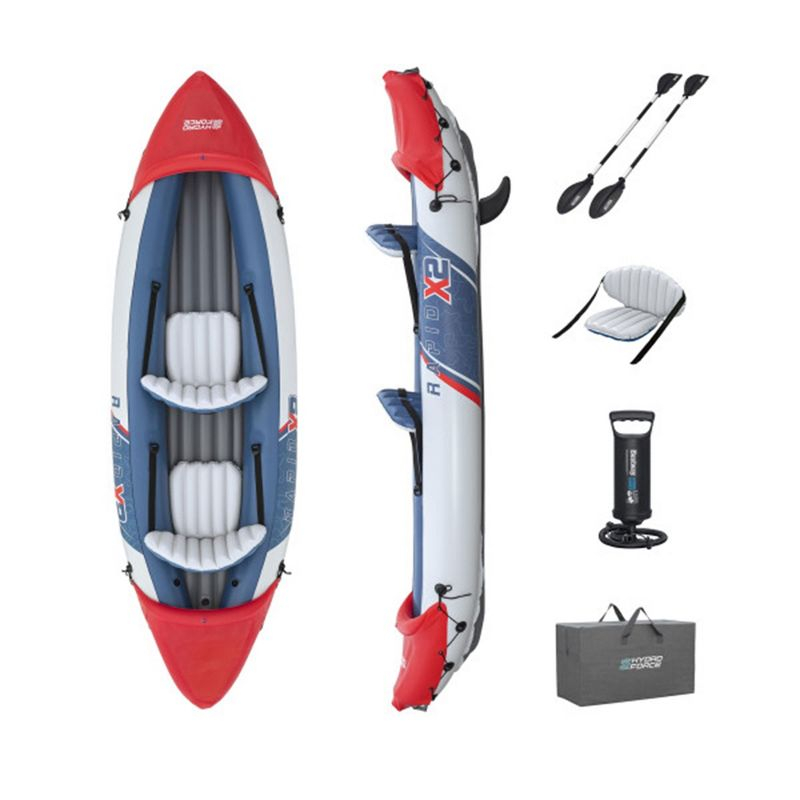 Bestway Hydro-Force Rapid X2 Inflatable 2 Person Kayak Outdoor Lake and River Water Sport Set with 2 Paddles, Hand Pump, and 2 Removable Fins