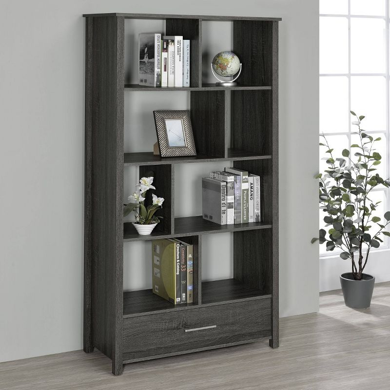 68" Dylan 8 Shelf Bookcase with Storage Drawer Weathered Gray - Coaster: Modern Home Office Furniture