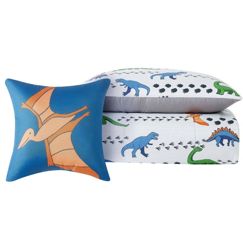 Twin 3pc Dino Tracks Reversible Kids' Comforter Set White - My World: Dinosaur Bedding for Boys, Includes Pillow Sham