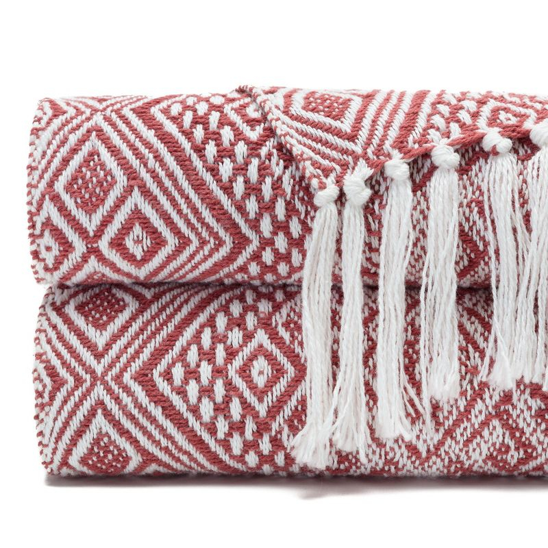 Chanasya Multi Diamond Cotton Throw Blanket With Tassels - (50x65 Inches) Rust