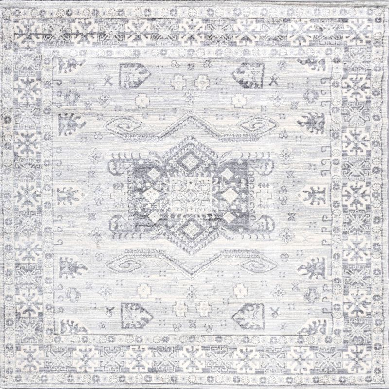 5' Square Modern Persian Vintage Medallion Area Rug, Light Gray - JONATHAN Y