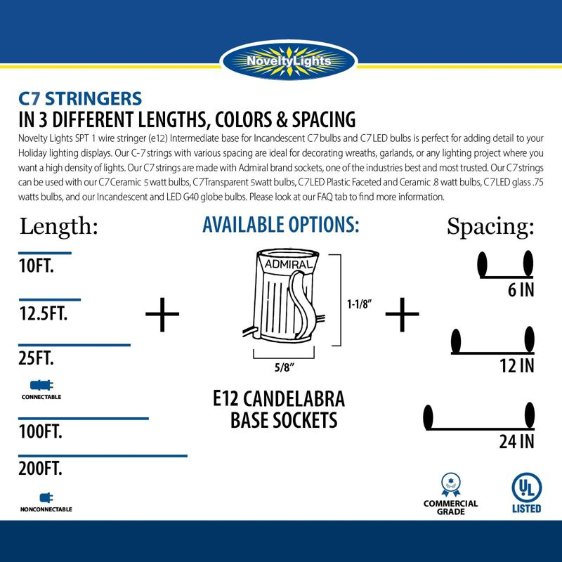 Novelty Lights 100 Feet C7/E12 Candelabra Base Christmas Stringer, Vintage Holiday Hanging Light String, 12" Spacing, SPT-1 20 Gauge Green Wire