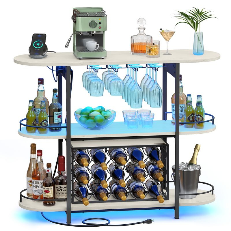 Bar Cabinets for Home, LED Coffee Bar, Home Mini Bar for Liquor, Freestanding Wine Rack with Glass Holder, Rustic White