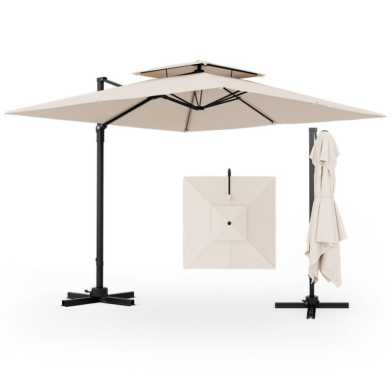Tangkula Patio 9.5FT Square Cantilever Offset Umbrella Double Vented 360° Heavy Duty Beige