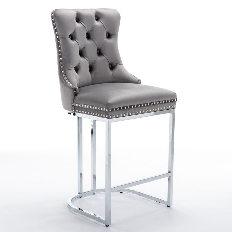 DOMETOUR 25" Counter Height Bar Stools Set of 2 Modern Velvet Upholstered Barstools with Button Back & Rivet Trim Gray