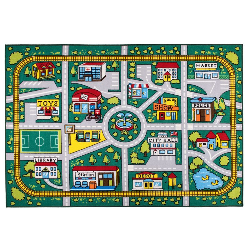 World Rug Gallery Kids Educational Learning City Life Road Non Slip Area Rug - Green 5' x 7'