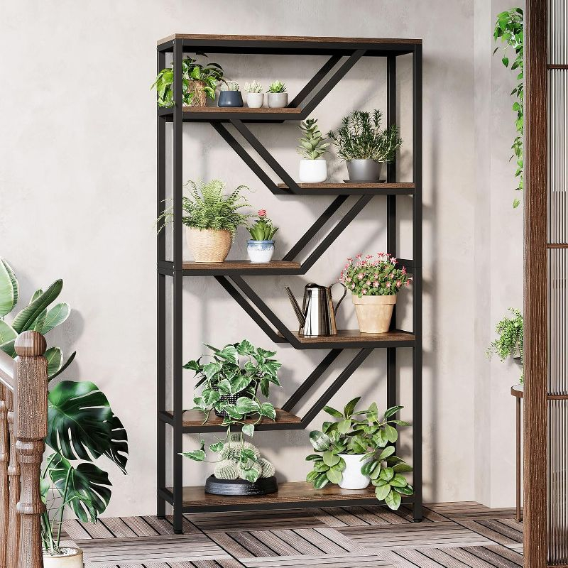 Tribesigns 6-Tier Bookshelf, 72-Inch Tall Industrial Open Storage Organizer, Freestanding Wood Display Rack with Metal Frame for Living Room, Brown