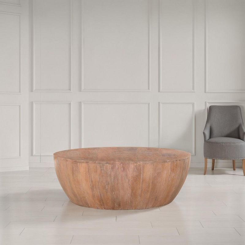 Arthur Drum Shape Wooden Coffee Table with Plank Design Base, Distressed Brown - UPT-32182 Brown