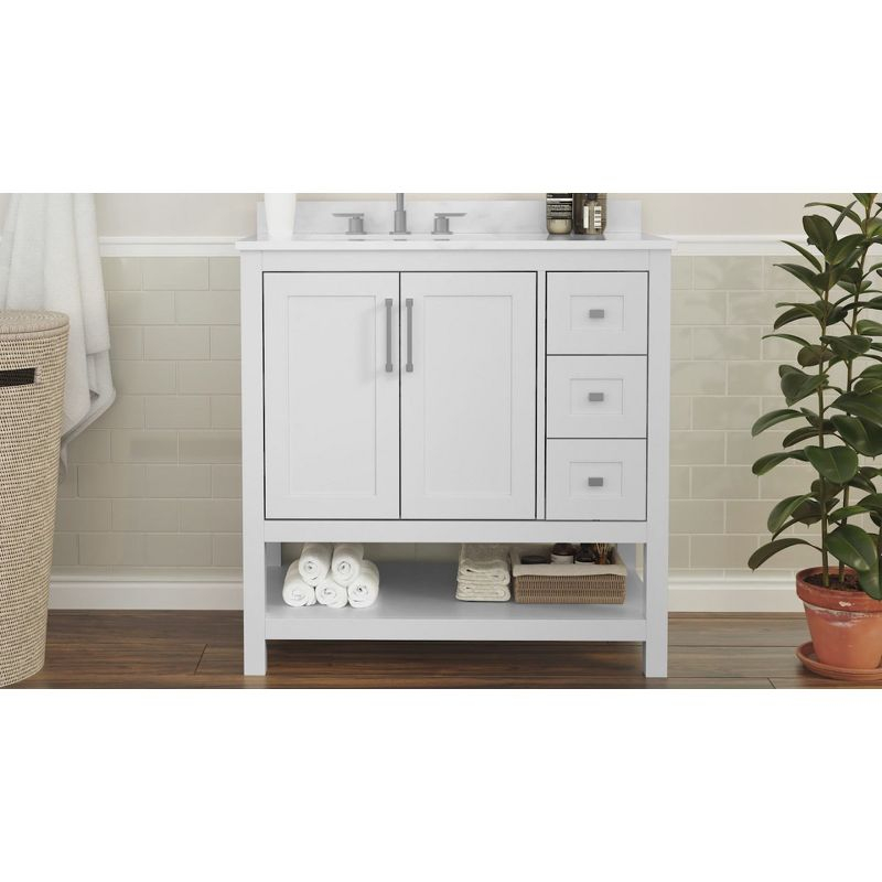 Taylor & Logan 36" Vivien Bathroom Vanity with Open Shelf and 3 Drawers Gray: Stoneware Top, Wood Frame, Single Basin