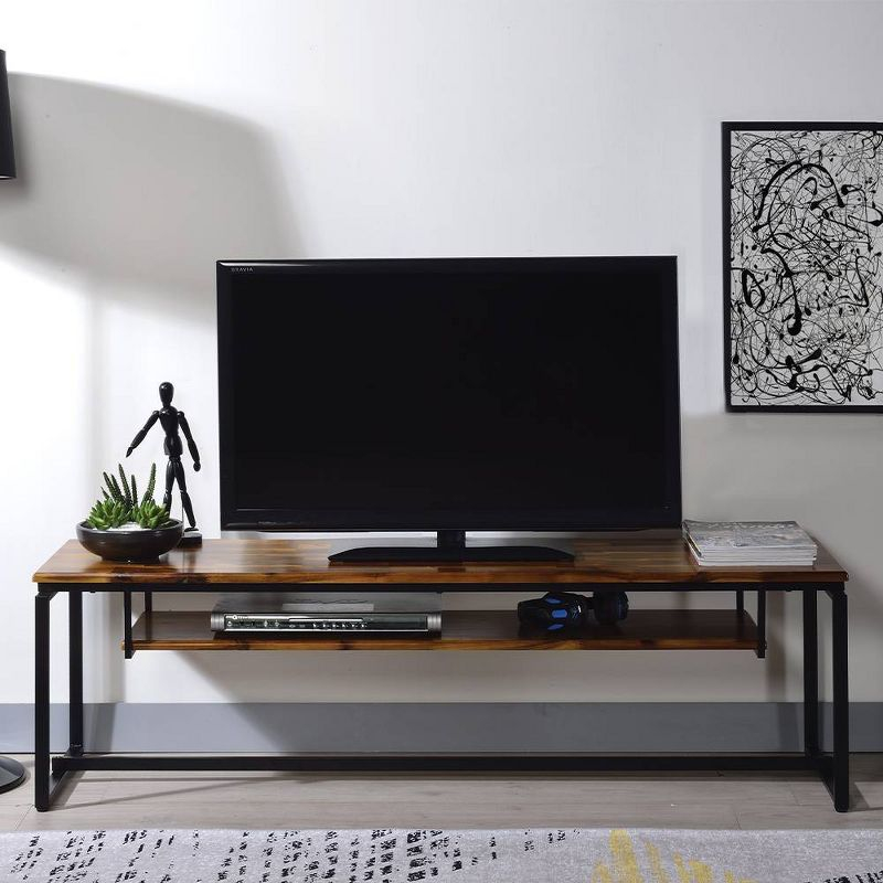 67" Jurgen TV Stand for TVs up to 65" Oak/Black Metal - Acme Furniture: Industrial Style, Open Shelf