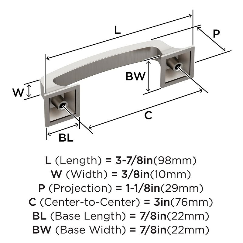 Amerock Ville 3 inch (76mm) Center-to-Center Satin Nickel Cabinet Pull
