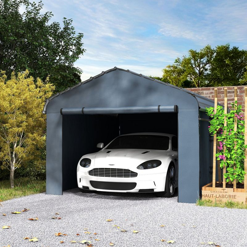 Outsunny 10' x 15' Heavy Duty Metal Carport, Waterproof Garage Car Canopy with Galvanized Metal Roof and Removable Sidewalls, Dark Gray