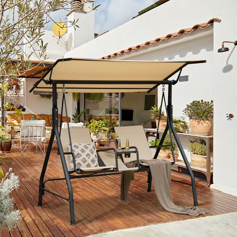 Costway 2-Seat Outdoor Patio Swing Adjustable Canopy Tempered Glass Table Top Cup Holder Beige