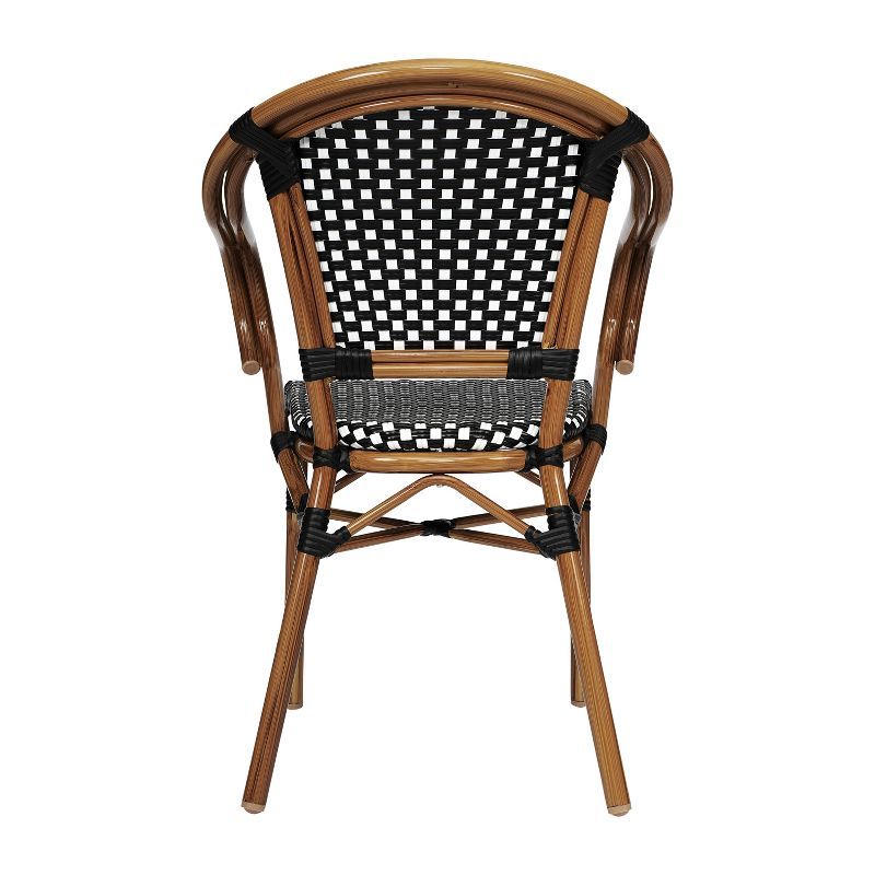 Emma & Oliver Soie Indoor/Outdoor Stacking Thonet Bistro Style Chair with Arms, Black & White PE Rattan Seat and Natural Bamboo Finished Metal Frame