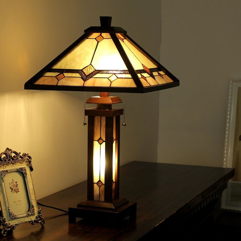 Chloe Lighting Kay Tiffany-Style Mission 3 Light Double Lit Wooden Table Lamp 15" Shade