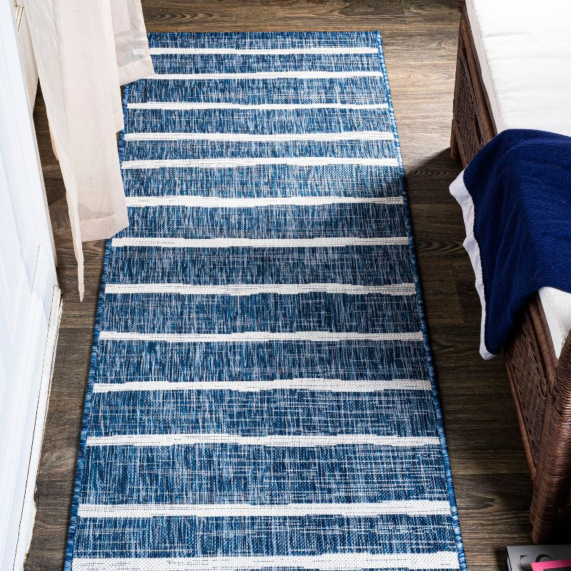 2'x10' Colonia Berber Stripe Indoor/Outdoor Runner Rug, Blue/Ivory - JONATHAN Y
