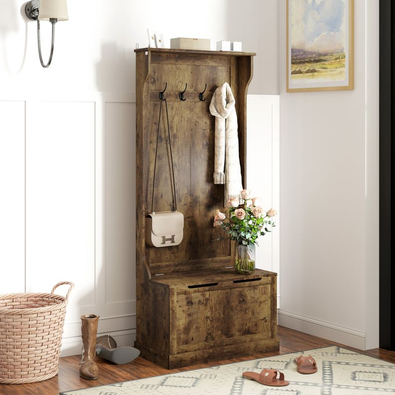 HOMCOM 3-In-1 Entryway Hall Tree with Storage Bench, Coat Rack with Four Hooks, and Shoe Storage, Rustic Brown