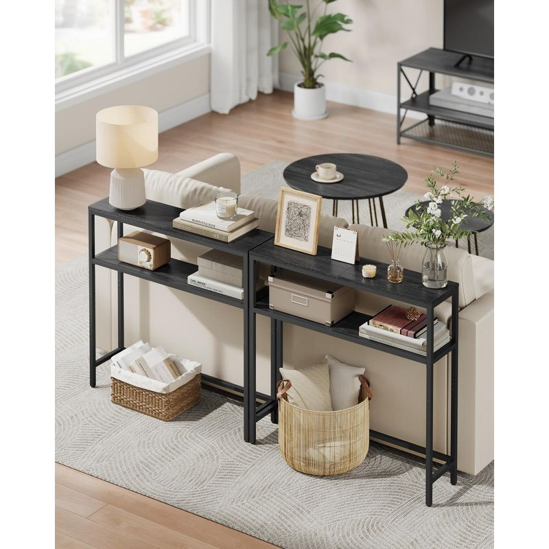 7.9" Narrow 2 - Tier Console Table in Charcoal Gray & Ink Black, Compact, Modern Design with Dual Shelves