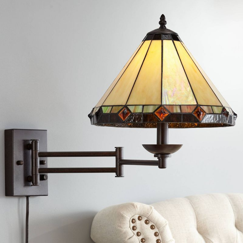 Robert Louis Tiffany Vintage Rustic Swing Arm Wall Lamp Bronze Plug-in Light Fixture Stained Glass for Bedroom Bedside Living Room Reading Home House
