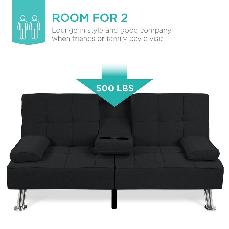 Best Choice Products Modern Linen Convertible Futon Sofa Bed w/ Removable Armrests, Metal Legs, Cupholders - Black
