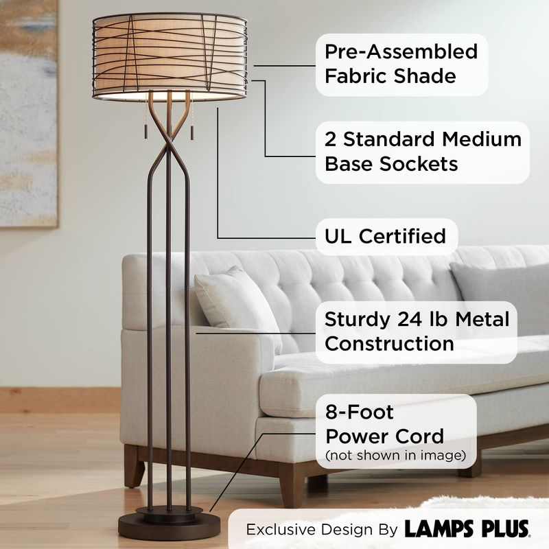 Franklin Iron Works Marlowe Rustic Farmhouse Floor Lamp 60 1/2" Tall Bronze Metal Oster Woven Burlap Fabric Inner Drum Shade for Living Room Bedroom