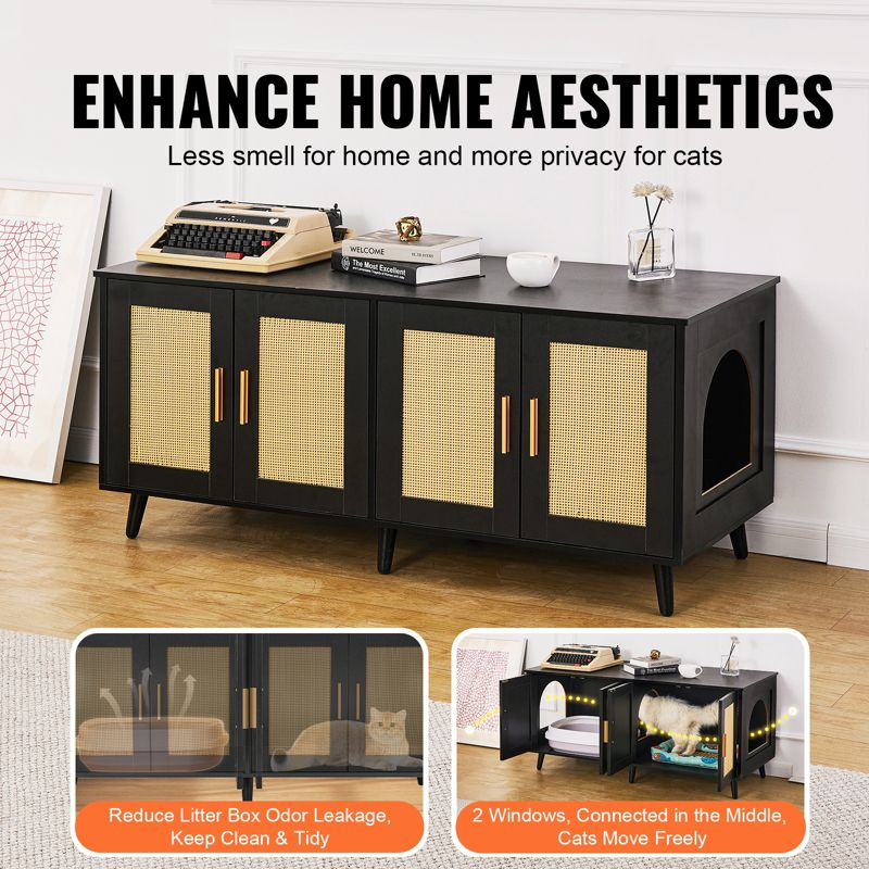 VEVOR Cat Litter Box Enclosure for 2 Cats, Litter Box Furniture Hidden with Rattan Decorated Doors, Wooden Cat Box Cabinet, Black