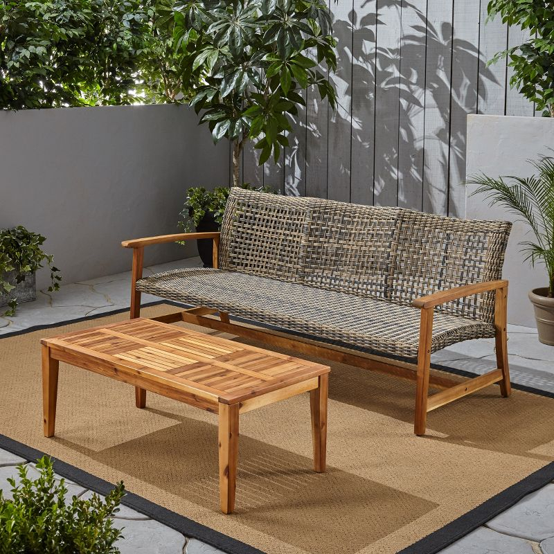 Christopher Knight Home Sewell Outdoor Acacia Wood and Wicker 3 Seater Sofa and Coffee Table Set, Gray/Natural Brown