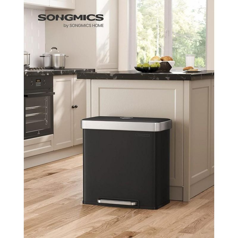 SONGMICS Kitchen Trash Can, 16 Gallon (2 x 8 Gallon) Dual Compartment Garbage Can, 60L Pedal Recycling Bin, 15 Trash Bags Included, Black