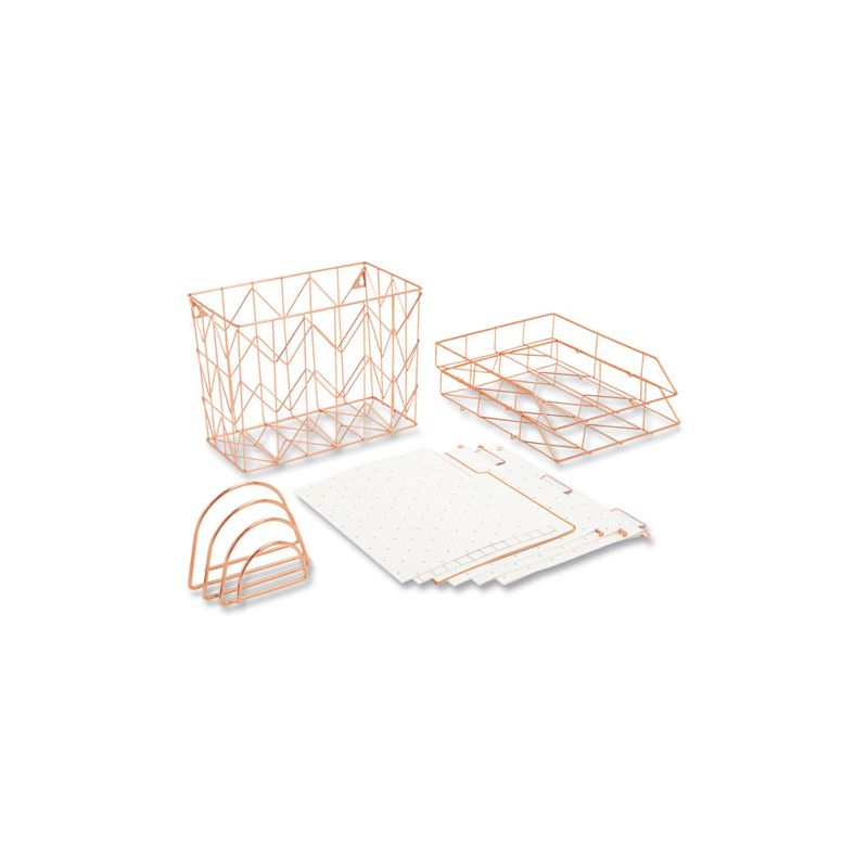 U Brands Letter-Size Desktop Fashion Filing Set, Rose Gold, (1) Rack, (3) Hanging Folders, (3) File Folders, (2) Trays,(1) Mail Sorter