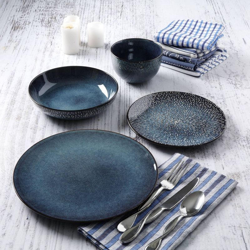 Gibson Elite 16pc Stoneware Matisse Double Bowl Dinnerware Set: Cobalt Blue, Microwave & Dishwasher-Safe Dish Set