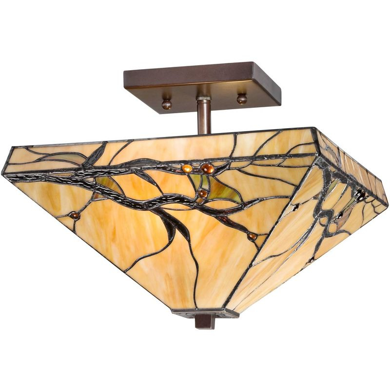 Robert Louis Tiffany Mission Rustic Ceiling Light Semi Flush Mount Fixture 14" Wide Bronze 2-Light Budding Branch Art Glass Shade for Bedroom Kitchen