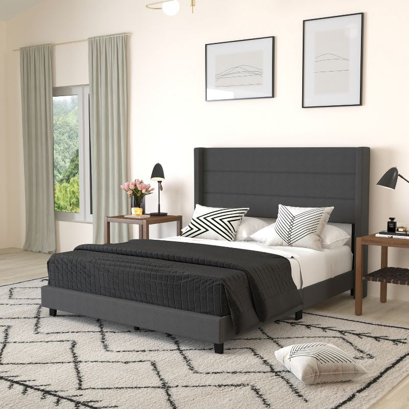 Merrick Lane Modern Queen Platform Bed with Padded Channel Stitched Charcoal Faux Linen Upholstered Wingback Headboard and 6" Underbed Clearance